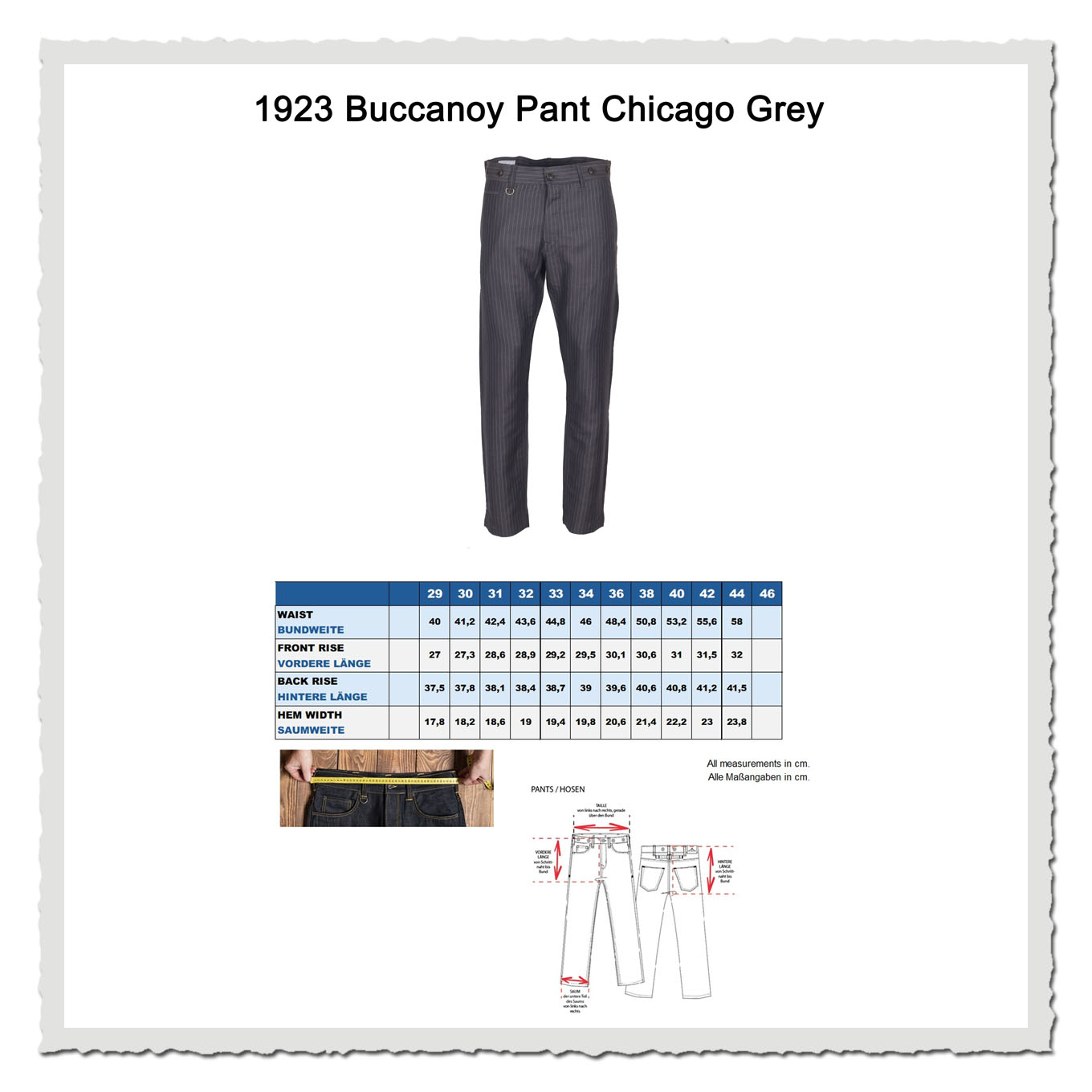 Maßtabelle für eine graue gestreifte Hose mit Größenangaben auf hellem Hintergrund.